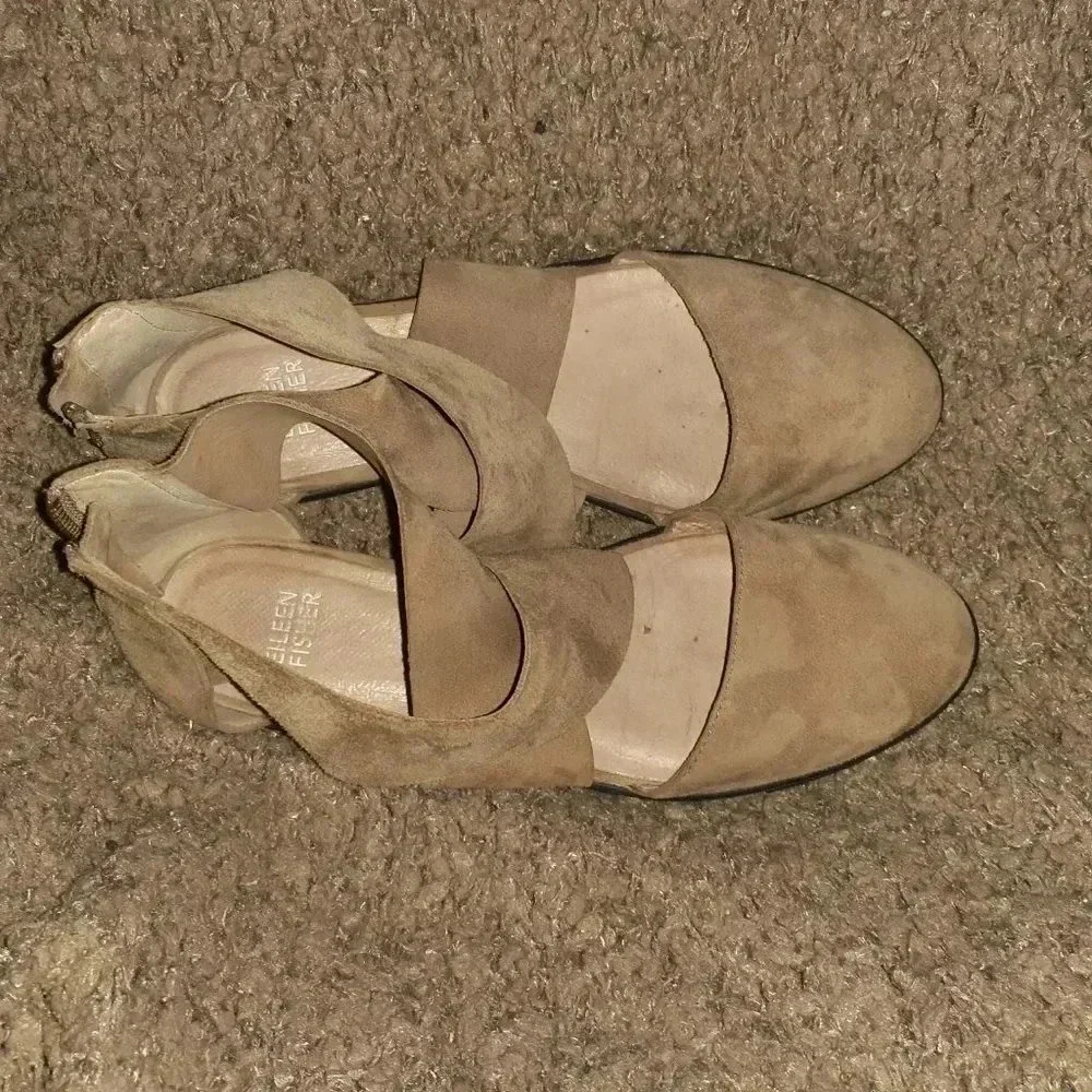EILEEN FISHER-Light Brown Suede Platform Sandals-Back Zip-Sz 7.5-Near Mint - Picture 6 of 7